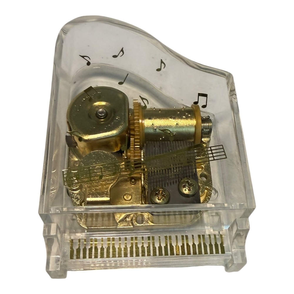Vintage Clear Acrylic Grand Piano Music Box Gold Mechanical Movement Wind Up